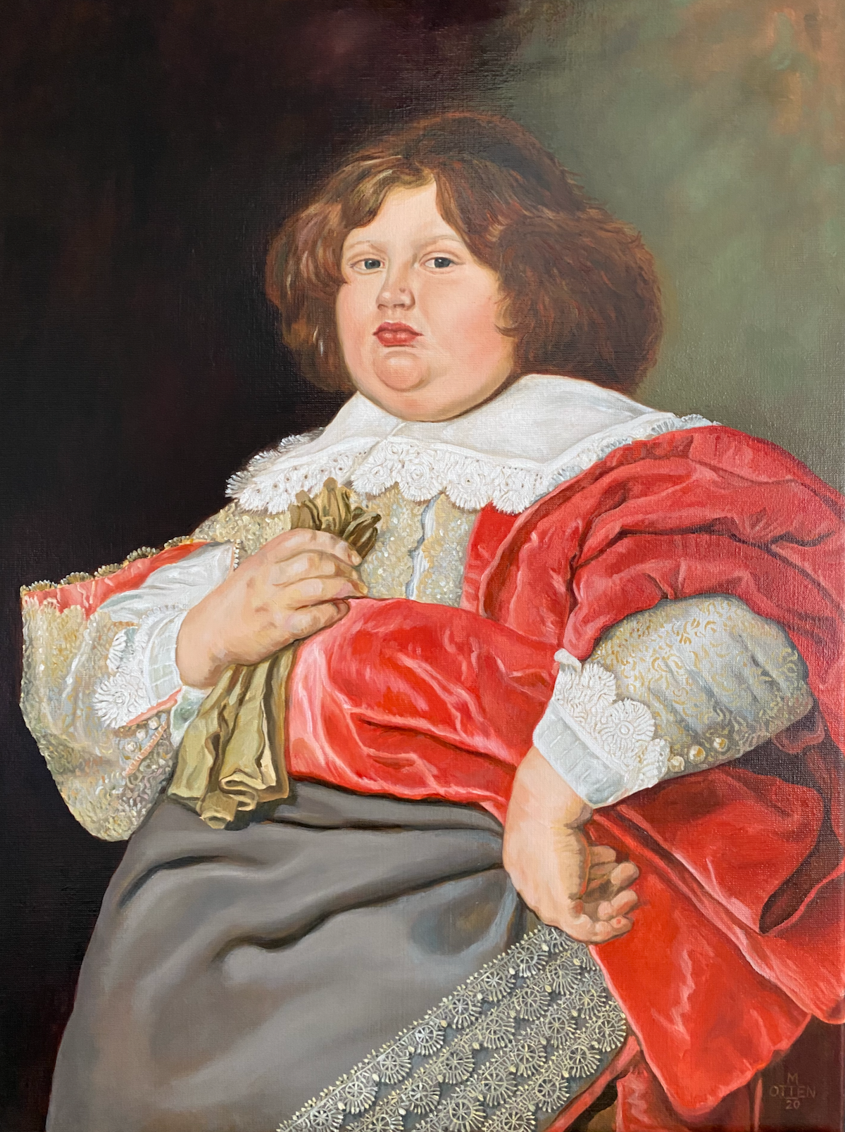 portret van Andries Bicker met fluwelen rode mantel, handschoenen in de hand en kanten kraag tegen een donkere achtergrond